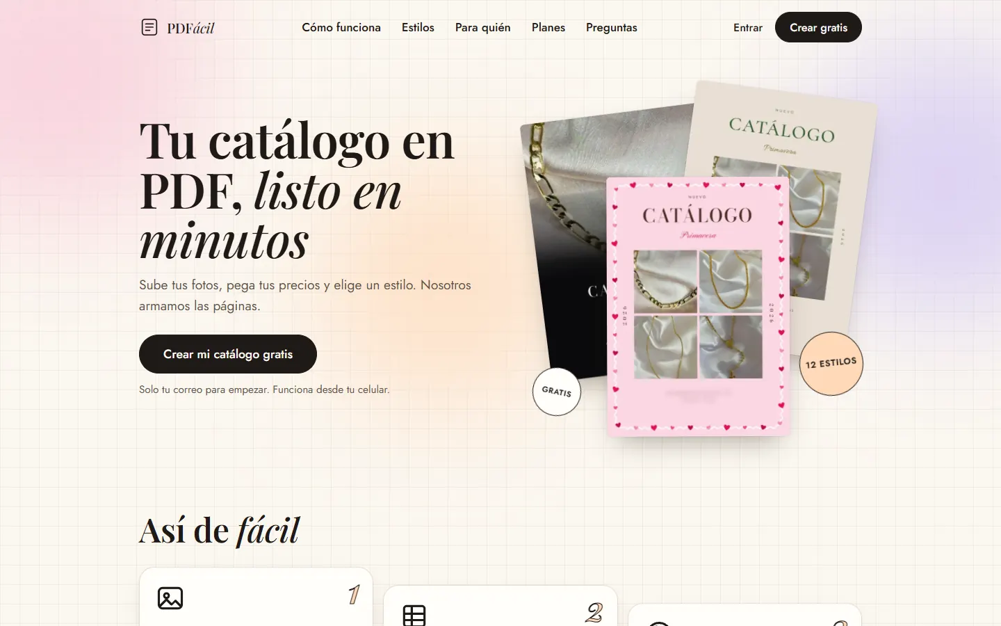 Pantalla principal de PDFácil en un computador, con páginas de catálogo en distintos estilos.